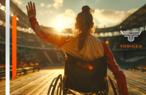 Atleta paralímpica en silla de ruedas saludando en estadio